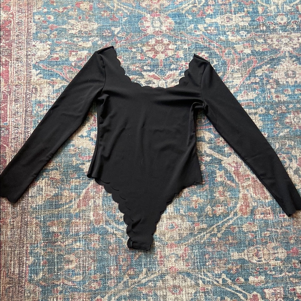 Black Scalloped Long Sleeve Bodysuit
